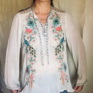Rare Johnny Was EMBROIDERED PEACOCK blouse